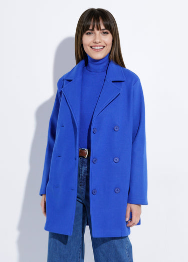 Caban long uni façon drap de laine Bleu Vif