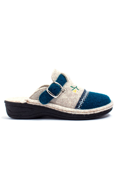 Chaussons mules brodés largeur confort Beige/Bleu