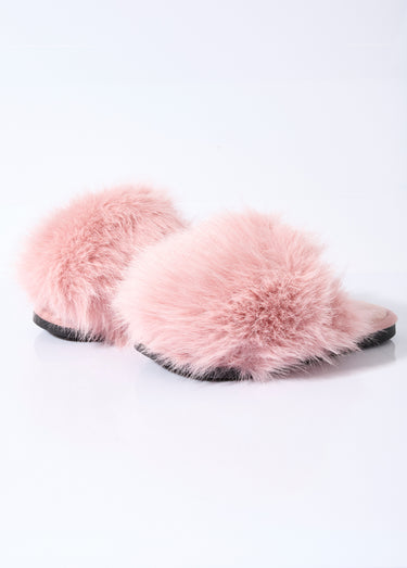 Mules en fausse fourrure longs poils Rose