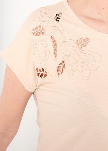 T-shirt brodé ajouré manches courtes Beige