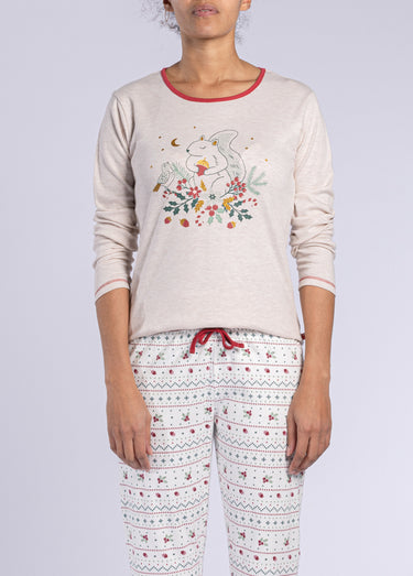 Pyjama motif col rond manches longues Beige / imprimé