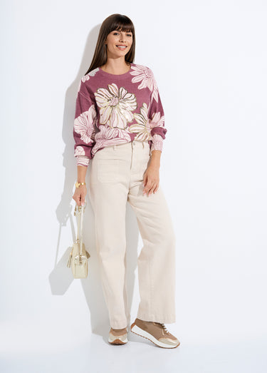 Pull fin imprimé fleurs sequins col rond Grenat