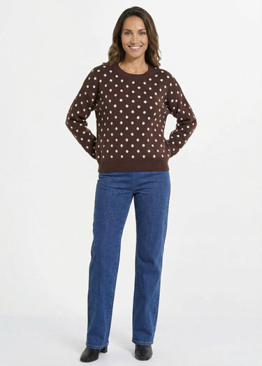 Pull à pois col rond, maille jacquard Chocolat
