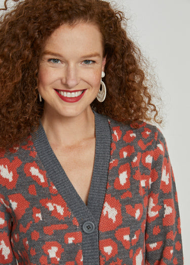 Gilet court boutonné jacquard léopard Gris/Tomette