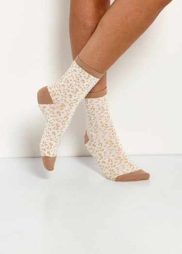 Mi-chaussettes bord cotes, motif léopard Ivoire Lot3