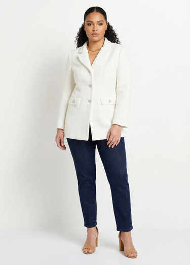 Veste droite boutonnée tissu natté col tailleur Ivoire