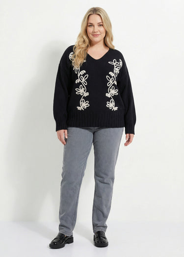 Pull col V avec broderies fleurs Noir