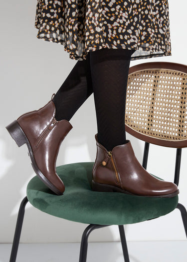 Low boots à talon large et zip déco Marron