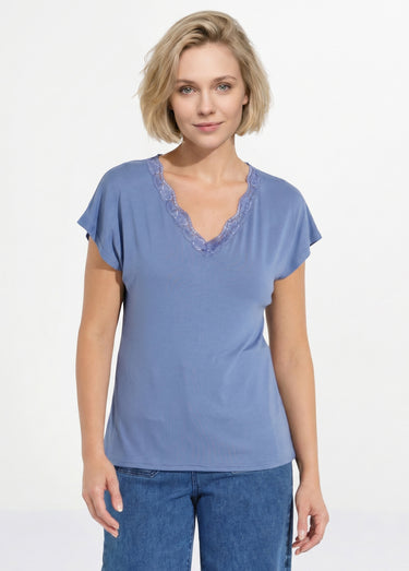 T-shirt court extensible dentelle Bleu Orage
