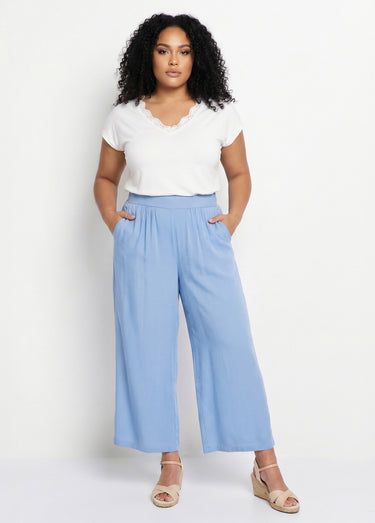 Pantalon large taille élastiquée fleuri ou uni Bleu