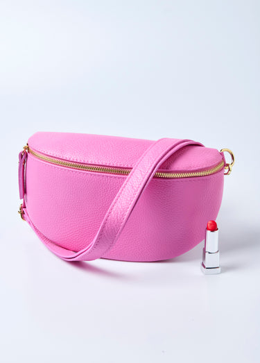 Sac banane zippé en cuir avec bandoulière Rose Vif