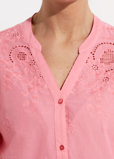Chemisier long coton brodé manches 3/4 Rose bonbon