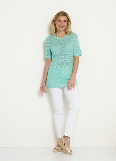 Pull fin ajouré coton manches courtes Vert d'eau