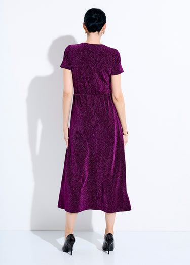 Robe longue brillante col V smockée dos Rose