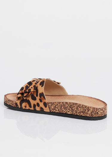 Mules plates effet liège avec nœud tissu Leopard