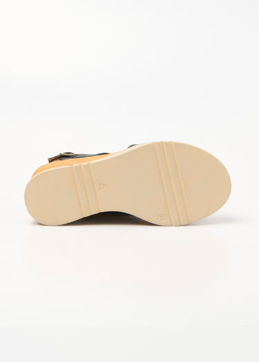 Sandales cuir compensées, talon aspect bois Noir