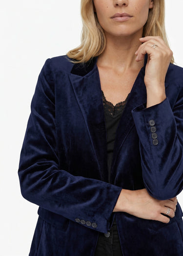Veste blazer droite velours uni col tailleur Marine