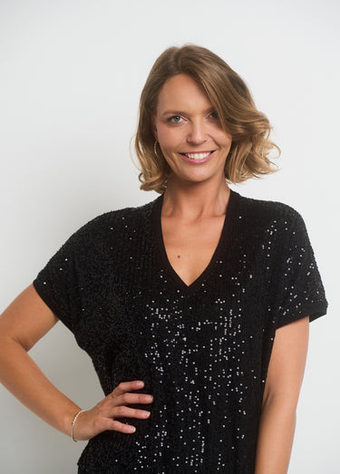 T-shirt col V en résille avec sequins Noir Uni