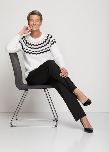 Pull col rond maille poilue jacquard soleil Blanc