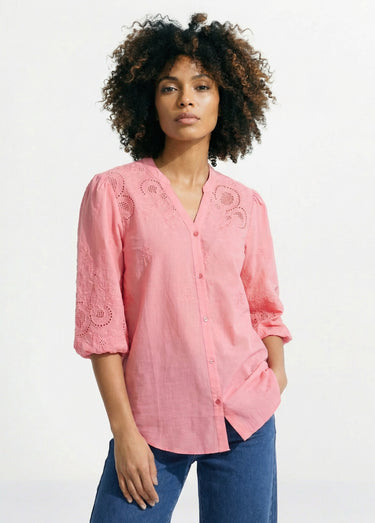 Chemisier long coton brodé manches 3/4 Rose bonbon