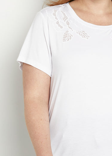 T-shirt coton brodé ajouré col rond Blanc