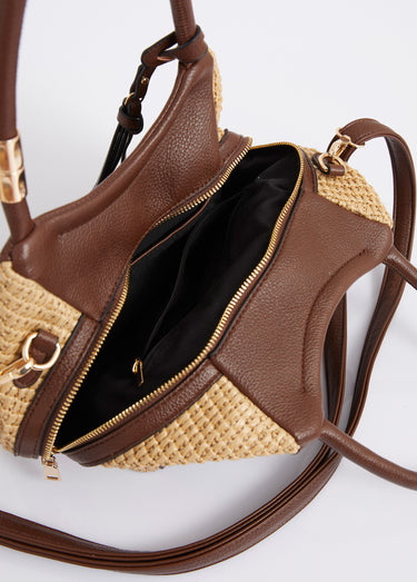 Sac à main aspect raphia et simili cuir Marron