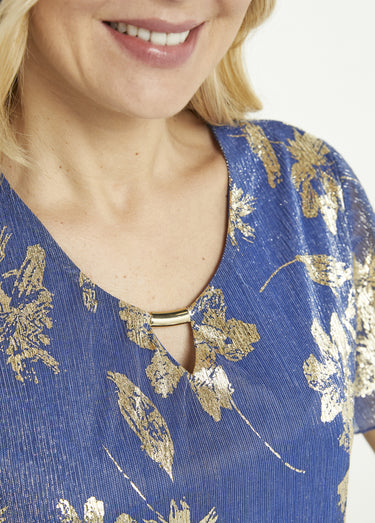 T-shirt court imprimé feuillage doré Bleu