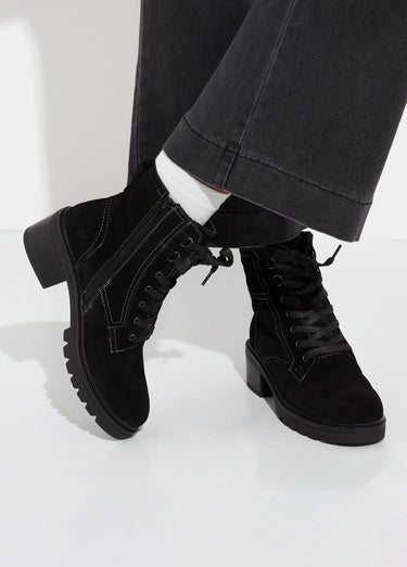Bottines en cuir crantées, talon large Noir