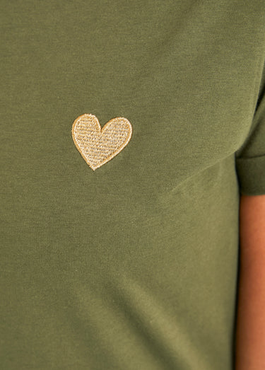 T-shirt col rond broderie coeur poitrine Kaki