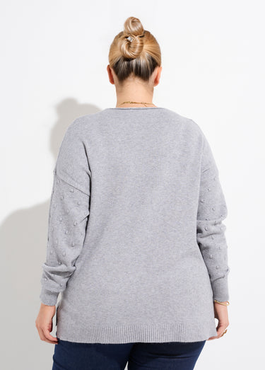 Pull col V maille fantaisie à pois Gris