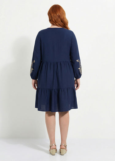 Robe col V avec broderies métallisées Marine
