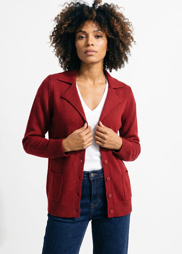 Gilet boutonné mi long col tailleur Bordeaux