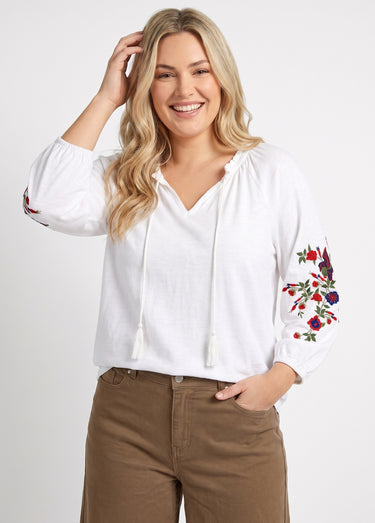 T-shirt long brodé manches 3/4 Blanc