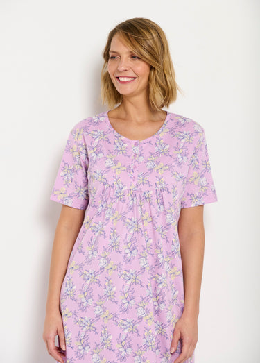 Chemise de nuit longue coton manches courtes Rose