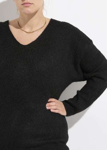 Pull col V maille mousseuse avec laine Noir