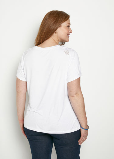 T-shirt coton brodé ajouré col rond Blanc
