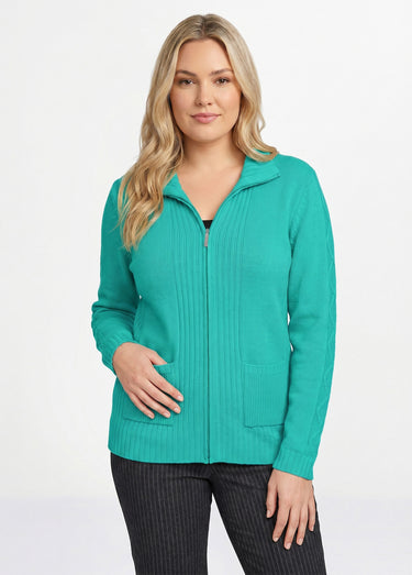 Gilet zippé uni mi-long maille épaisse Emeraude