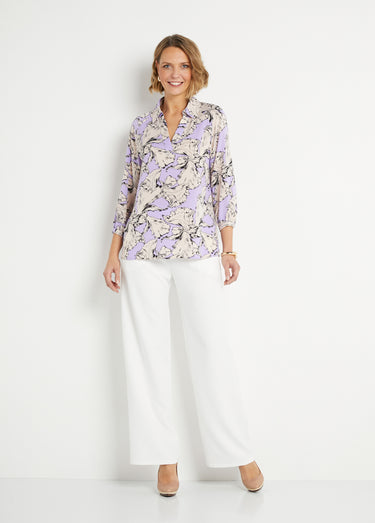 Tunique longue col chemise motif graphique Violet/ Blanc