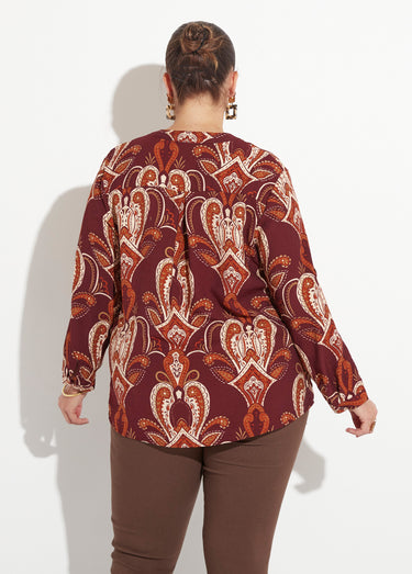 Blouse col V boutonné imprimé acanthes Bordeaux