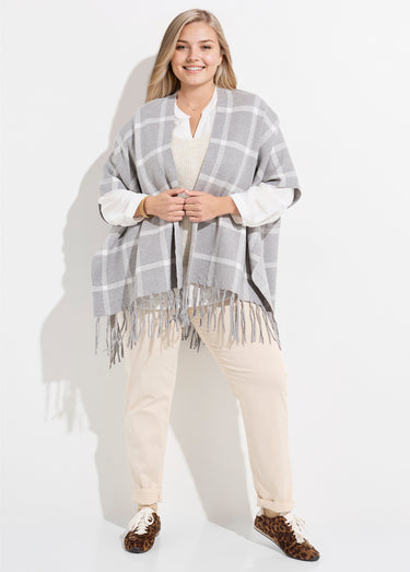 Poncho cape en maille, motif carreaux Carreaux Gris