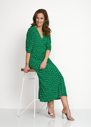 Robe mi longue cache-coeur pois Vert/Blanc