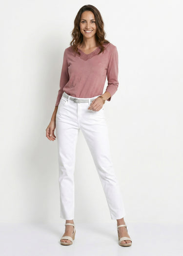 T-shirt manches 3/4 coton et macramé Rose