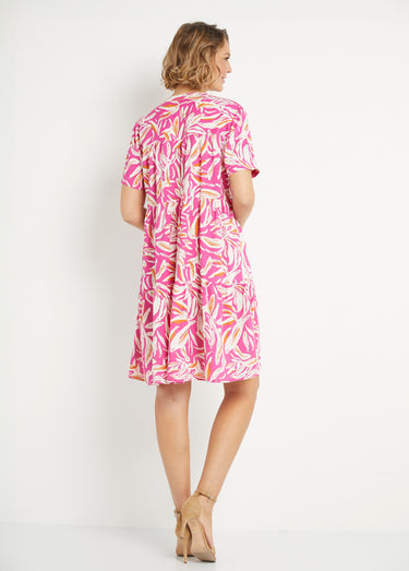 Robe col V boutonnée imprimée manches courtes Rose / Blanc