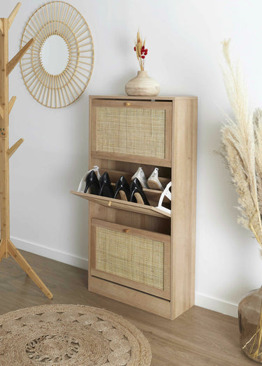 Meuble à chaussures en bois et cannage Marron