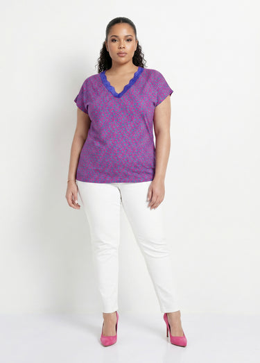 T-shirt court extensible dentelle Fond Fuchsia