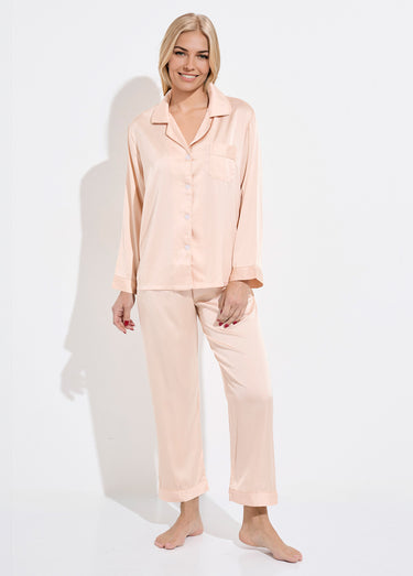 Pyjama long col tailleur en satin uni Champagne