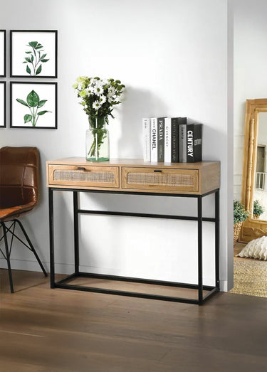 JAYA Chevet pied métal et décor rotin Bois Clair