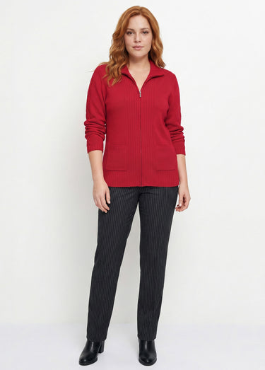 Gilet zippé uni mi-long maille épaisse Framboise