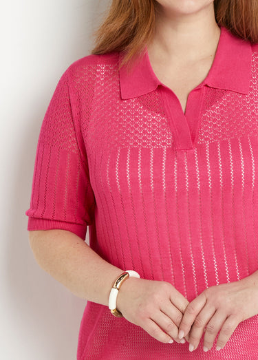 Pull fin col polo ajouré manches courtes Fuchsia