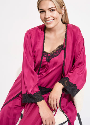 Pyjama long satin caraco + déshabillé Fuchsia